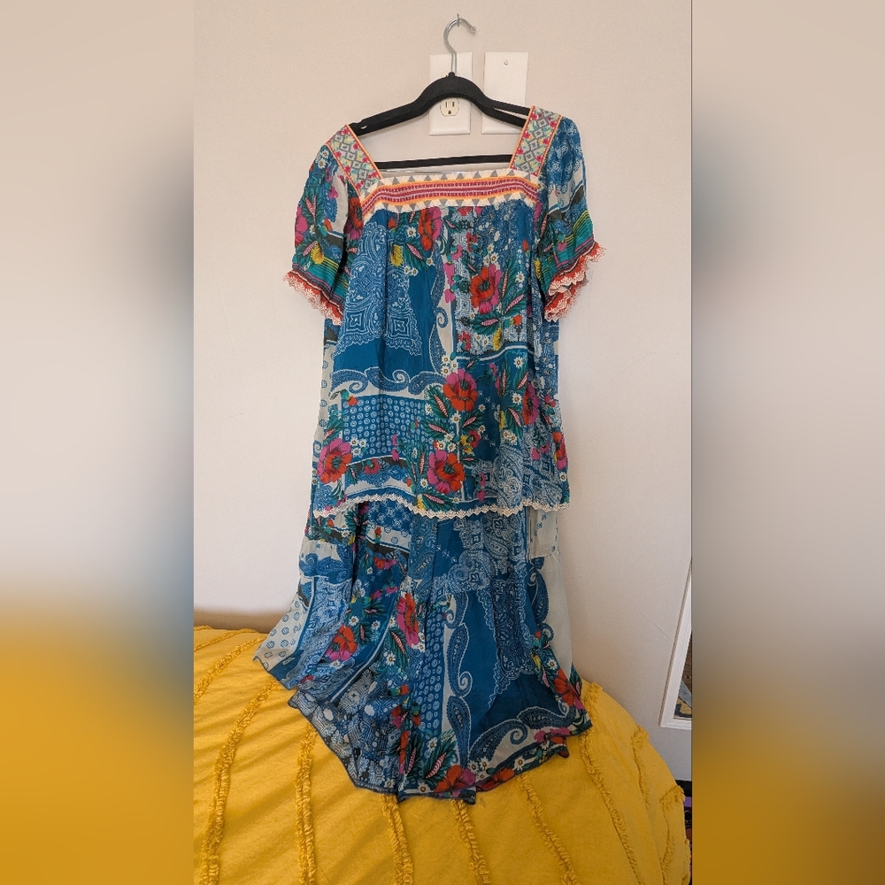 Johnny Was Floral Blue Silk Set